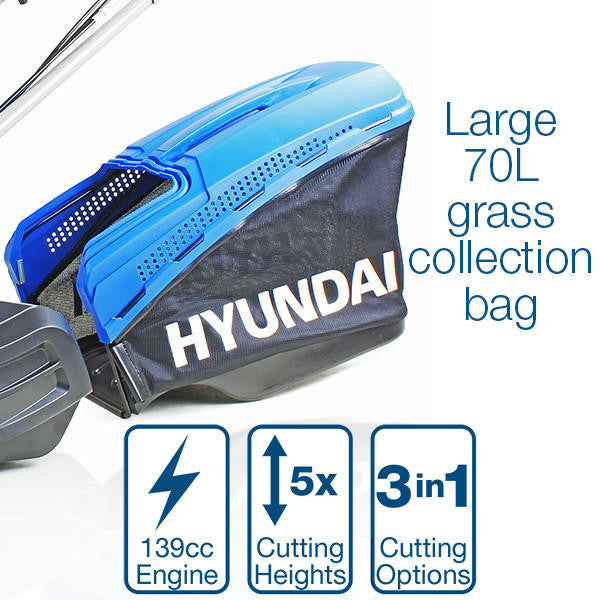Hyundai 19'' / 48cm Cut Self Propelled Electric Start Petrol Roller Lawnmower And Extras
