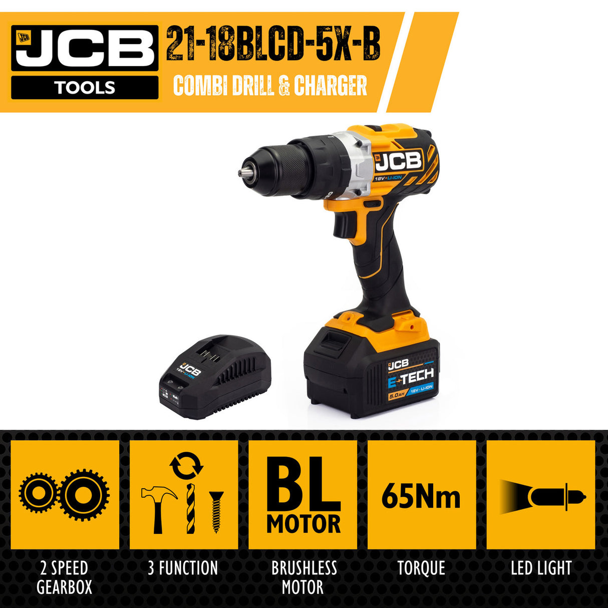 JCB 18V BRUSHLESS COMBI DRILL 5.0AH BATTERY AND 2.4A CHARGER | JCB-18BLCD-5X-B