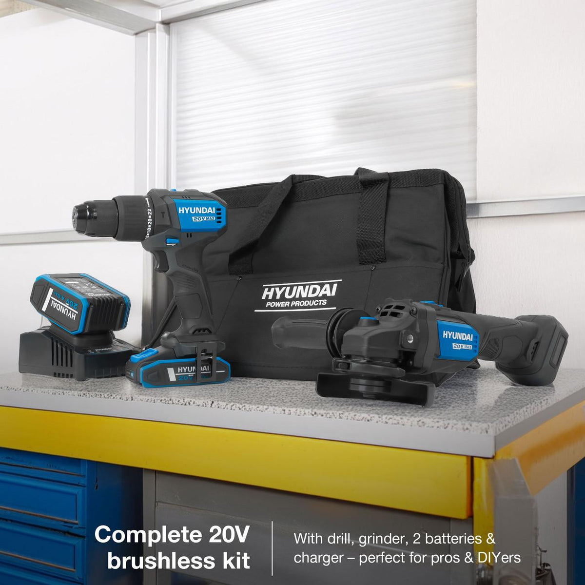 Hyundai 20V Cordless Hammer Drill 60Nm and Angle Grinder 115mm Brushless Kit, inc. 2.0Ah and 4.0Ah Li-ion Battery and 2A Charger | S02-FTB