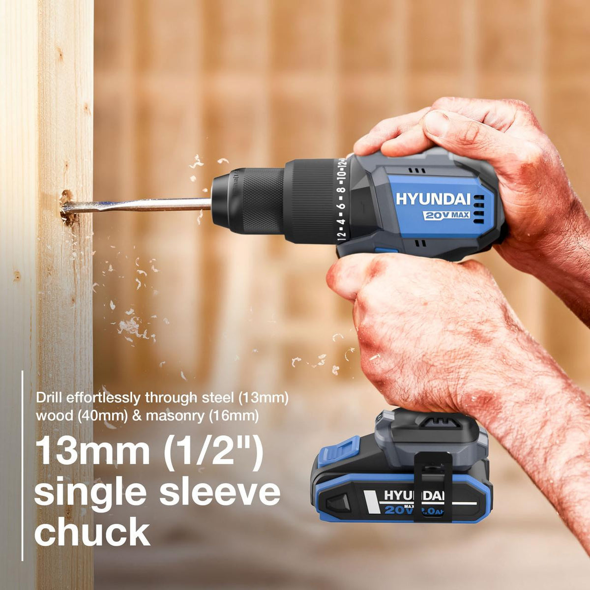 Hyundai 20V Cordless Hammer Drill 60Nm and Angle Grinder 115mm Brushless Kit, inc. 2.0Ah and 4.0Ah Li-ion Battery and 2A Charger | S02-FTB