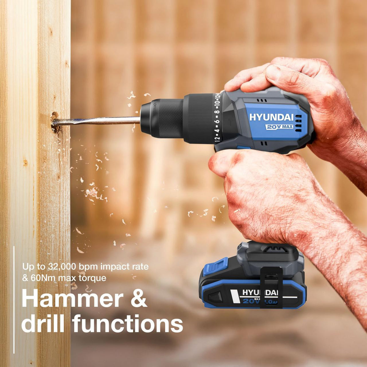 Hyundai 20V Cordless Hammer Drill 60Nm and Angle Grinder 115mm Brushless Kit, inc. 2.0Ah and 4.0Ah Li-ion Battery and 2A Charger | S02-FTB