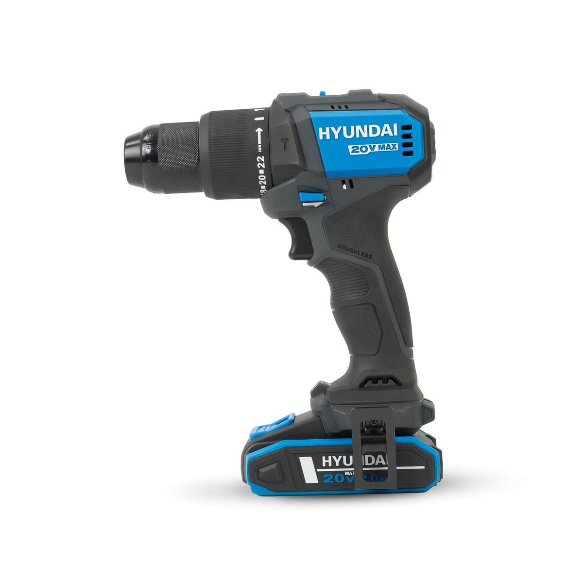 Hyundai 20V Cordless Hammer Drill 60Nm and Angle Grinder 115mm Brushless Kit, inc. 2.0Ah and 4.0Ah Li-ion Battery and 2A Charger | S02-FTB