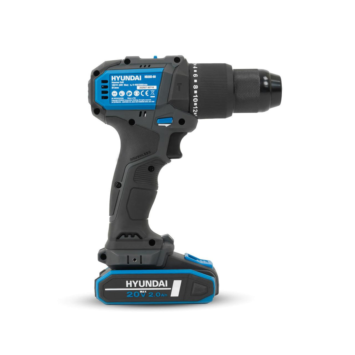 Hyundai 20V Cordless Hammer Drill 60Nm and Angle Grinder 115mm Brushless Kit, inc. 2.0Ah and 4.0Ah Li-ion Battery and 2A Charger | S02-FTB