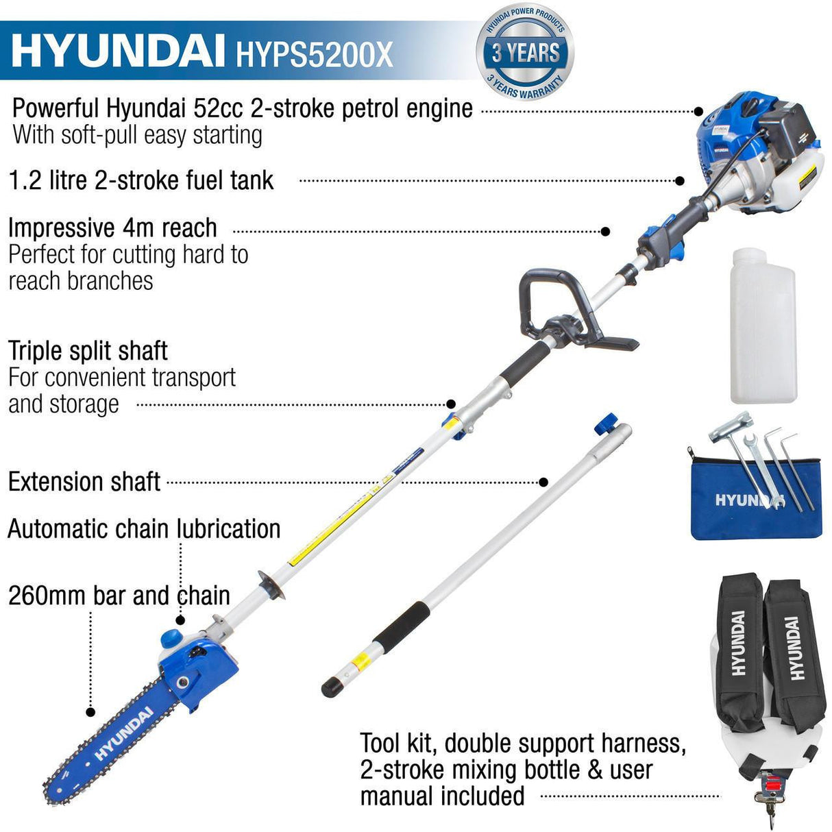 Hyundai 52cc Petrol Pole Saw Pruner ChainsaGTW220each 260mm Cutting Width & Folding Trolley on Wheels, Garden Trolley 100kg | HYPS5200X+GTW220