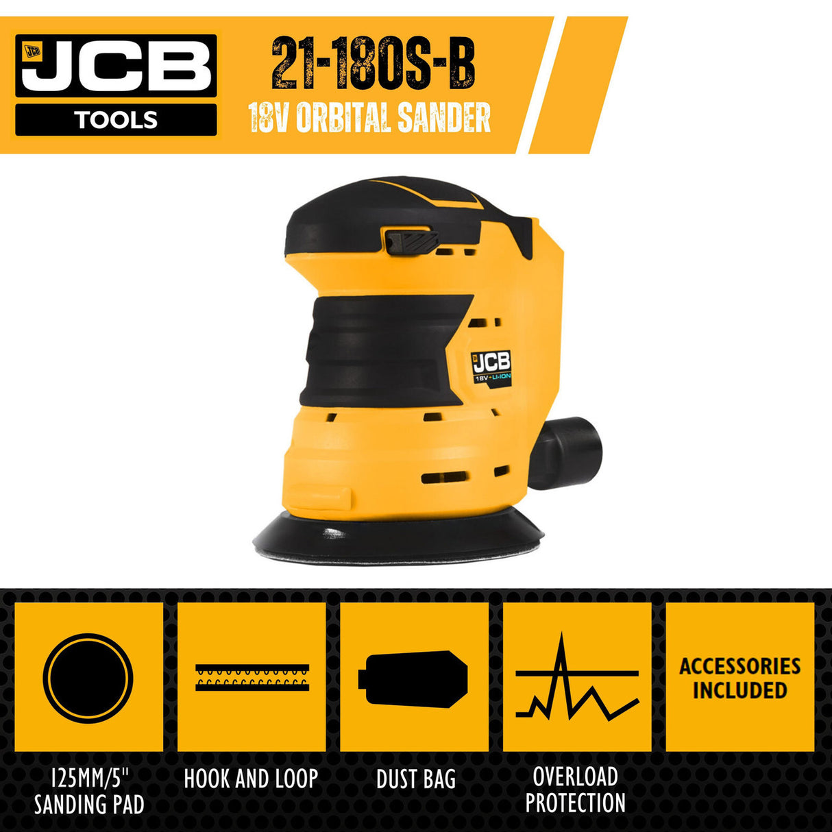 JCB Cordless Random Orbital Sander 125mm 5'', 2.0-5Ah Li-ion Battery, Dust Bag and Accessories | 21-18OS-B - 21-18OS-B (Bare Unit)