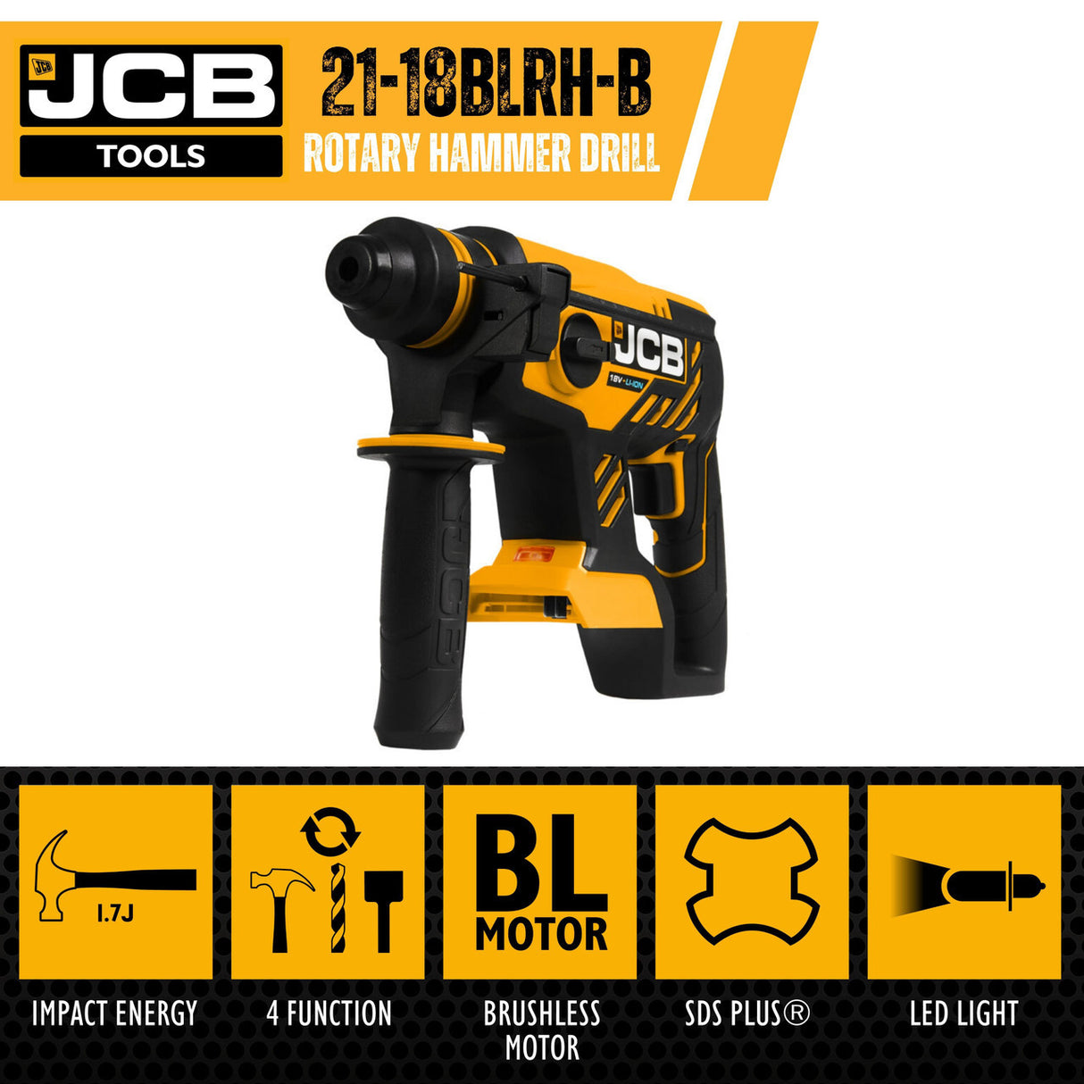 JCB 18V 1.7J Brushless SDS Rotary Compact Hammer Drill, 2-5Ah Li-ion Battery, 4x SDS Bits, Keyless and SDS Plus Chuck | 21-18BLRH-B - Bare Unit