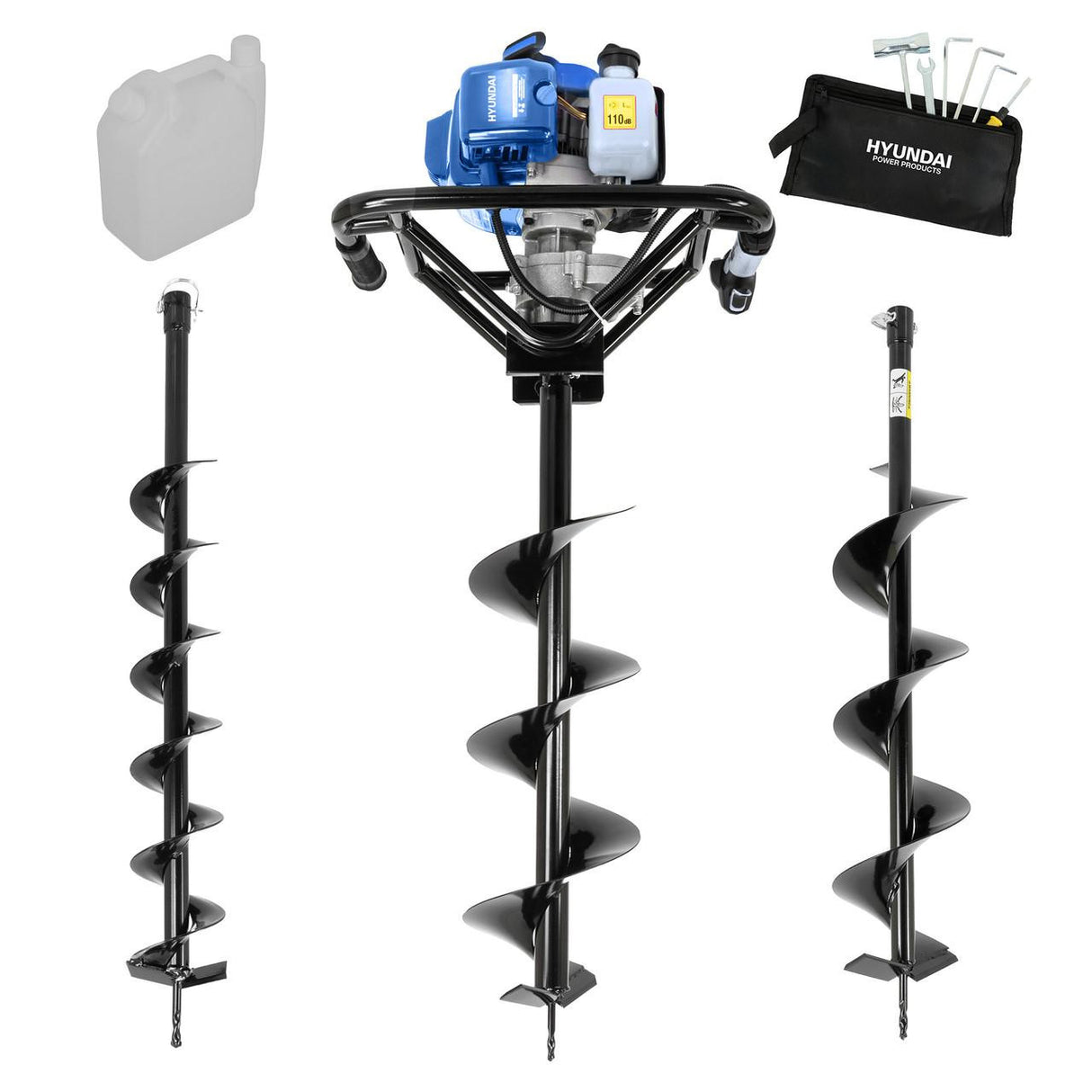 Hyundai petrol post hole borer with 100mm 150mm and 200mm auger bits
