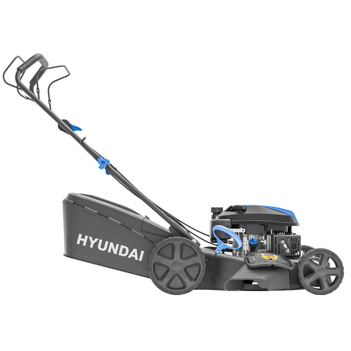 Hyundai 139cc self propelled lawn mower front view with wide cutting deck