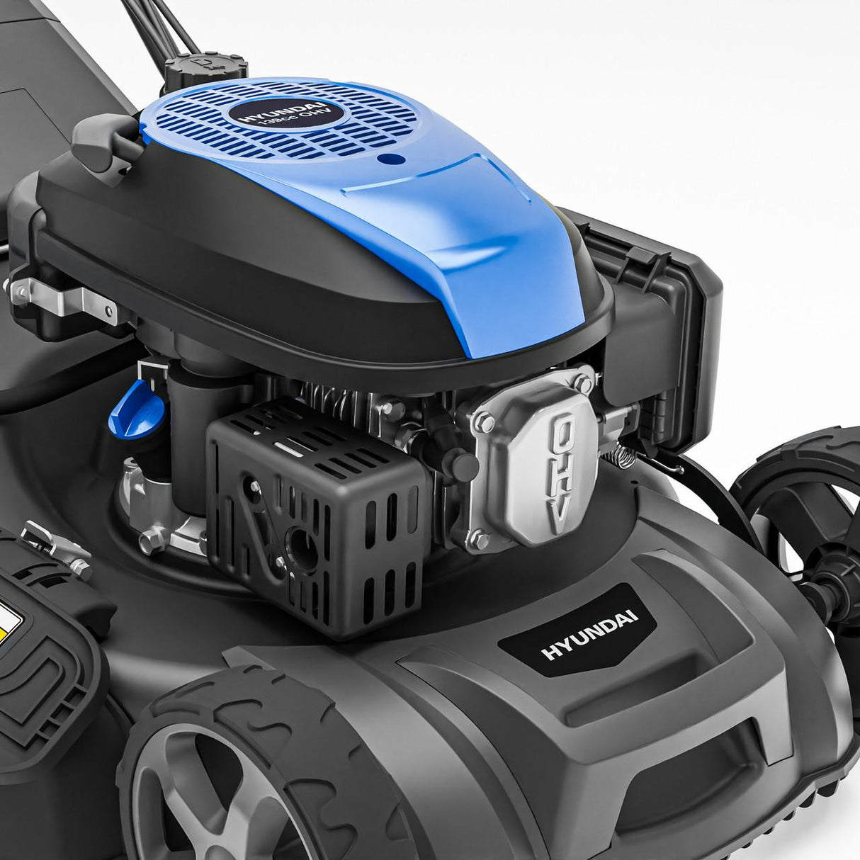 Hyundai 139cc petrol lawn mower front view with wide cutting deck
