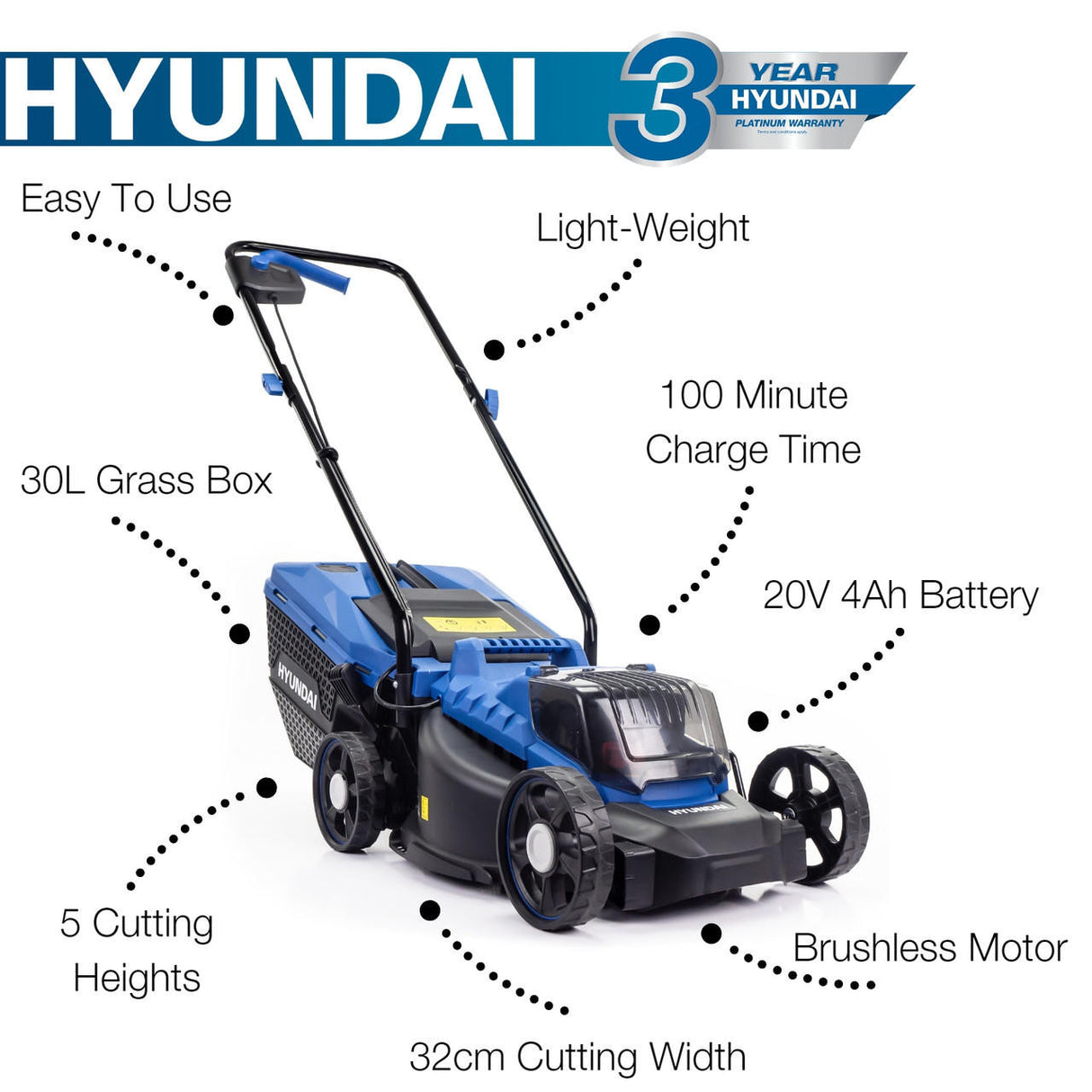 Hyundai 12.6" / 32cm 20V MAX Cordless Lawnmower 4Ah Li-Ion Battery | HY2193