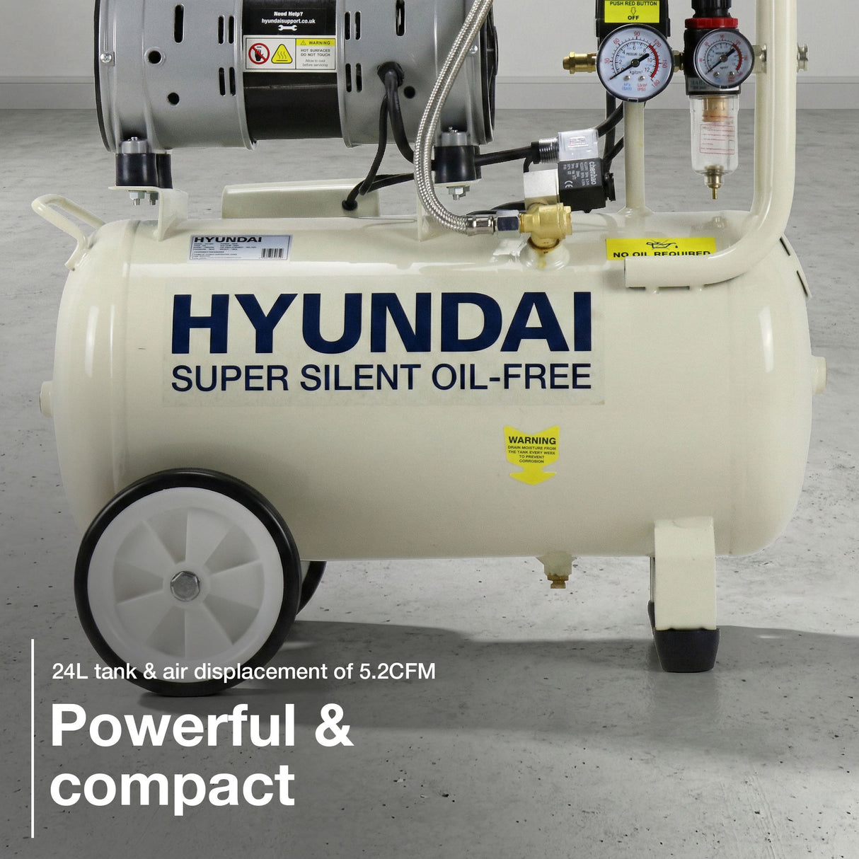 Hyundai 750W 24L Oil Free Low Noise Portable Air Compressor 5.2CFM 118psi Direct Drive | HY7524X