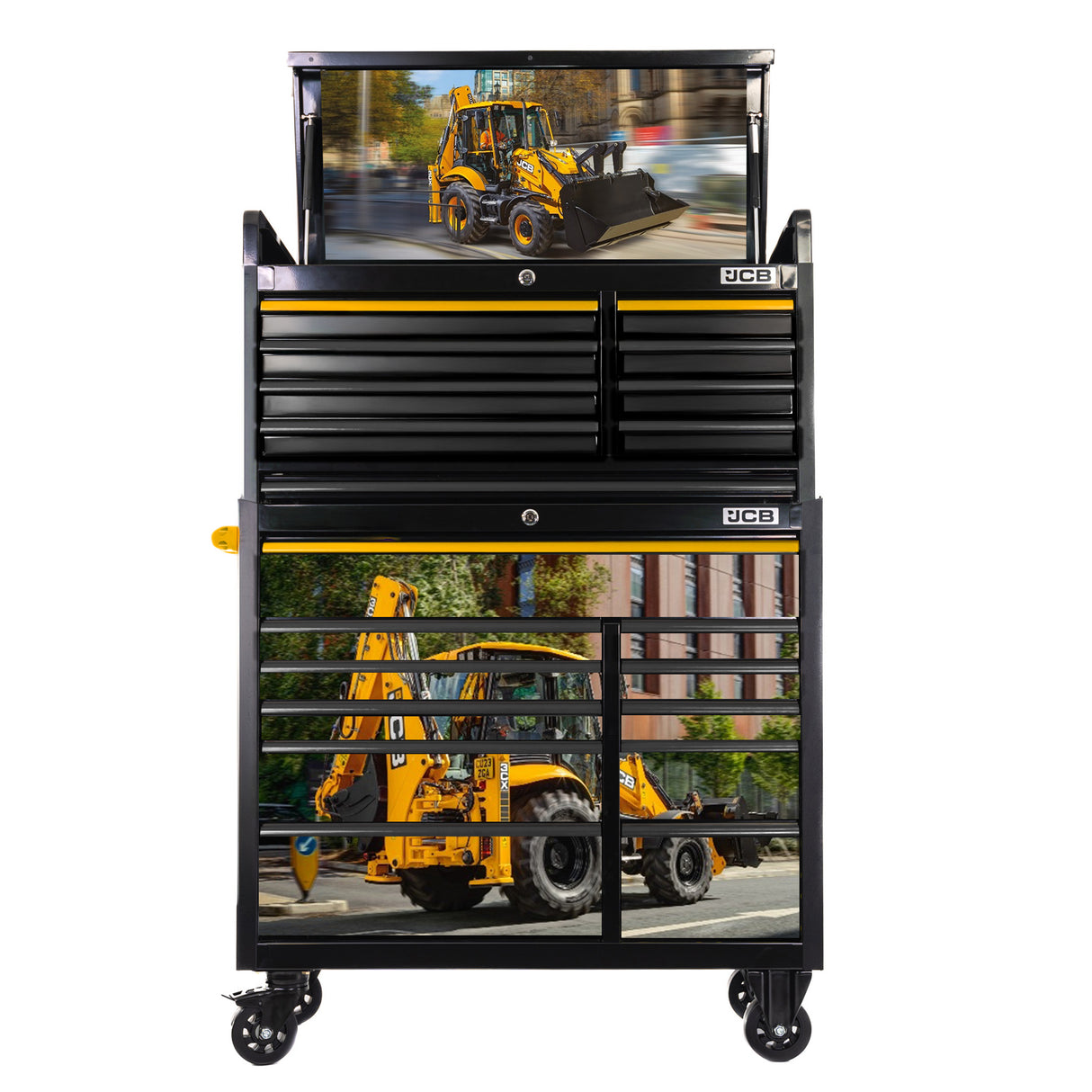JCB 42’’ Roller Cabinet and Top Tool Chest Stack with Backhoe Loader Wrap | JCBBHLSTACK