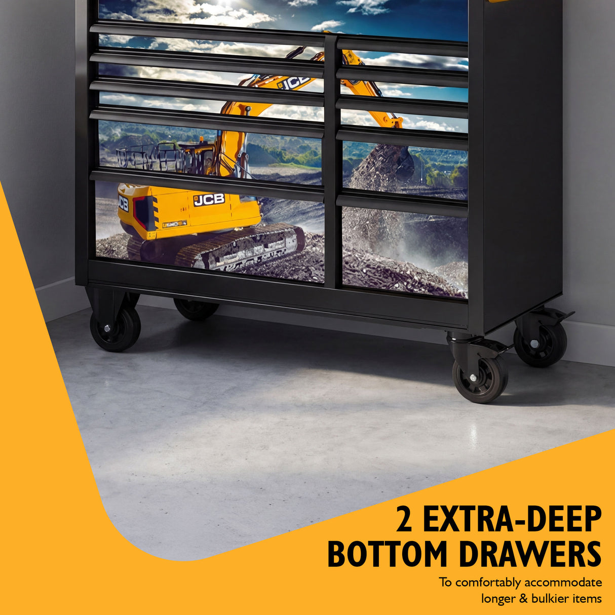 JCB 42’’ Roller Tool Cabinet, 11 Drawers, Steel with Hardwood Worktop and Excavator Wrap | JCBEXCRCBB
