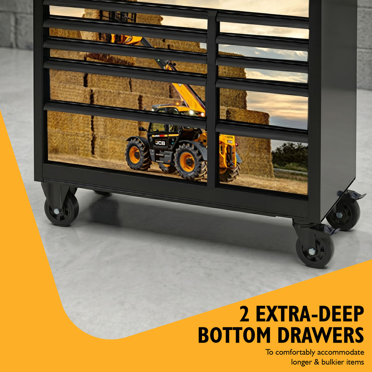JCB 42’’ Roller Tool Cabinet, 11 Drawers, Steel with Hardwood Worktop and Telehandler Wrap | JCBTLHRCBB