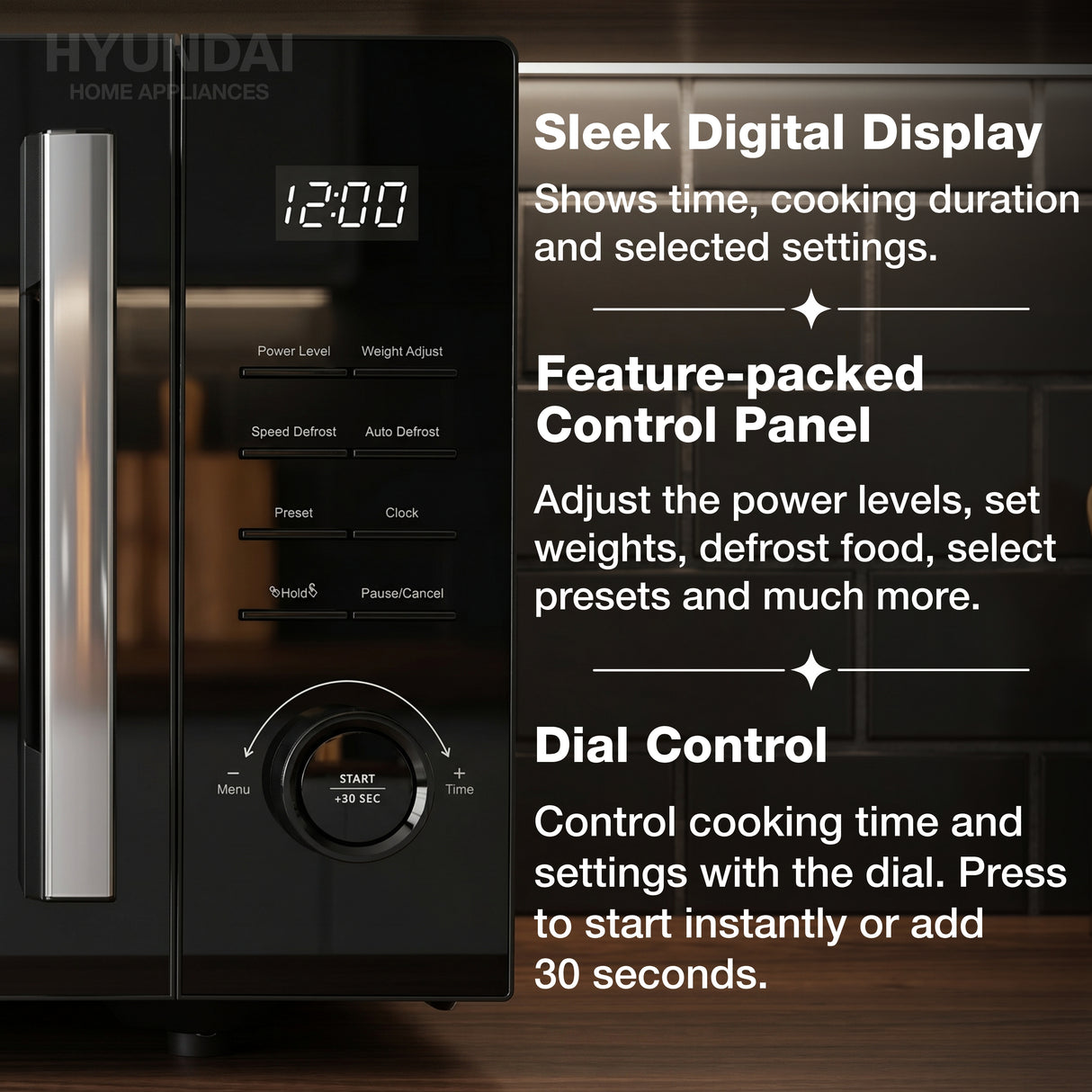 Hyundai 900W 23L Black Digital Microwave, Mirror-Effect Glass Door, Stainless Steel Interior | HYMW90023DB