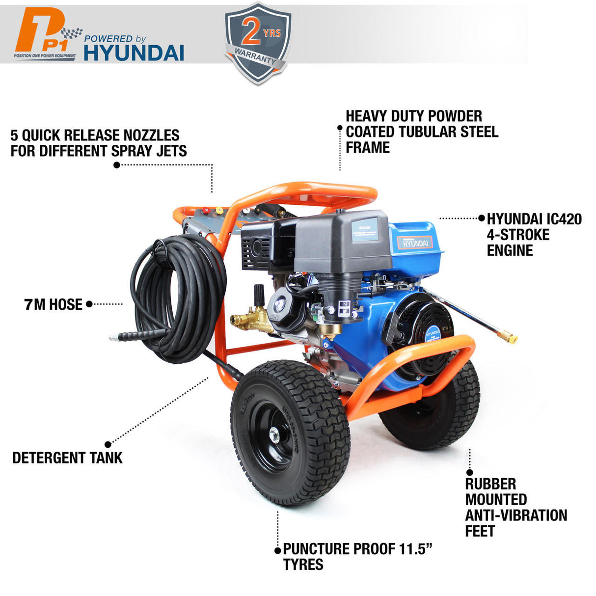 P1 4200psi 290bar Petrol Pressure Washer, Hyundai 14hp Engine, Triplex Annovi Reverberi Pump, 15L/min Flow Rate | P4200PWT