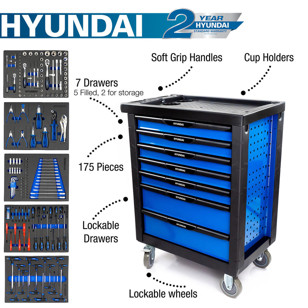 Hyundai 175 Piece 7 Drawer Castor Mounted Roller Tool Chest Cabinet | 2 year warranty