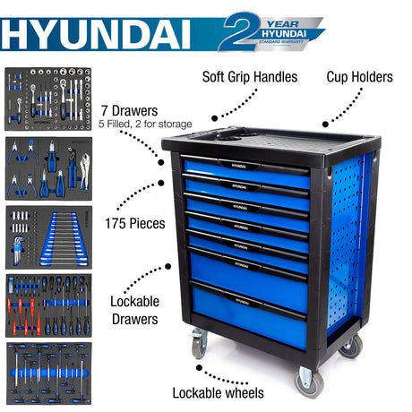 Hyundai 175 Piece 7 Drawer Castor Mounted Roller Tool Chest Cabinet | 2 year warranty