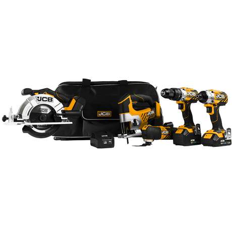 bundle photo of all products including combi drill, impact driver, multi tool, circular saw, jigsaw, batteries  and kit bag