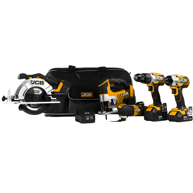 bundle photo of all products including combi drill, impact driver, multi tool, circular saw, jigsaw, batteries  and kit bag