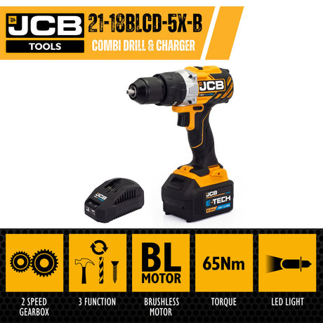 JCB 18V BRUSHLESS COMBI DRILL 5.0AH BATTERY AND 2.4A CHARGER | JCB-18BLCD-5X-B