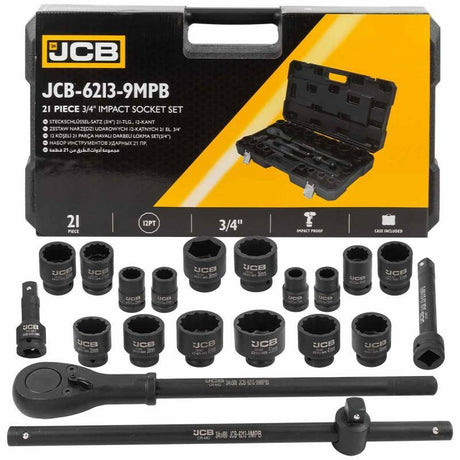 6-point impact sockets: 3/4" drive: 38-41-46-50mm.
12-point impact sockets: 3/4" drive: 17-19-21-22-24-27-30-32-33-34-35-36mm.