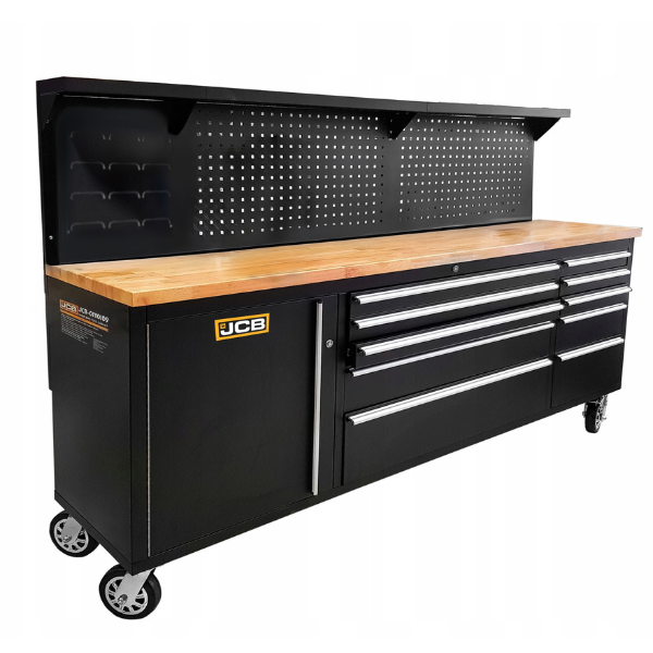 JCB Workshop Table Trolley and Tool Cabinet, 10 Drawers, 13 Hooks, Caster Mounted | JCB-01Y0109