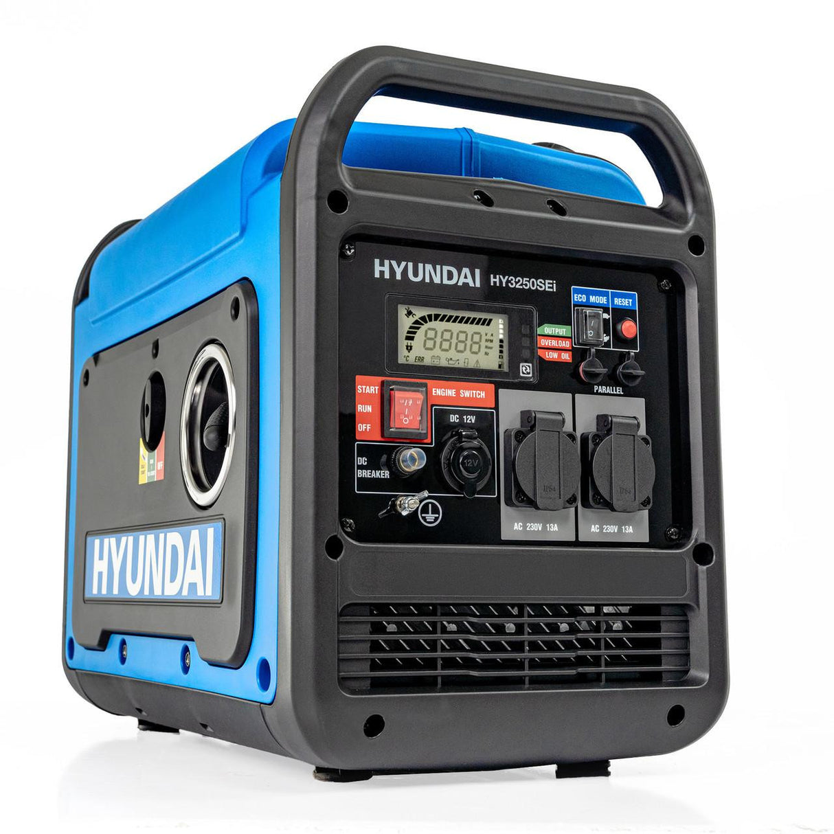 The built-in LCD display shows real-time information, including engine rpm,  output current - (A) and output voltage (V), current tri[ run time (H), total run time (H) and fuel level, ensuring safe and efficient operation.