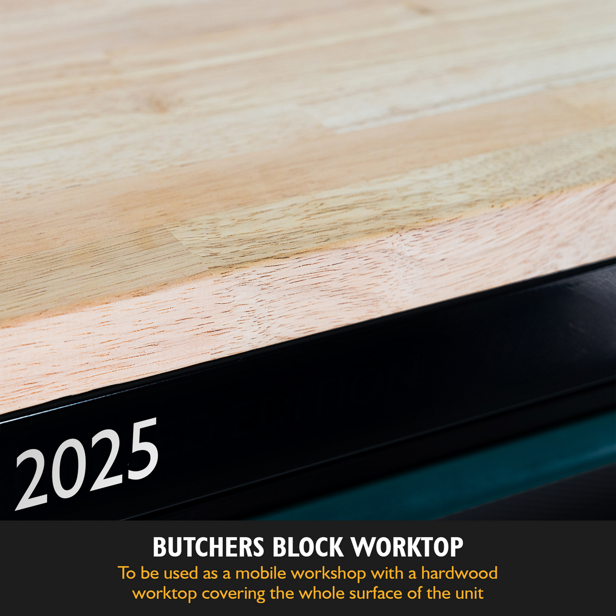'Butchers block' hardwood worktop: To be used as a mobile workshop with a hardwood worktop covering the whole surface of the unit.