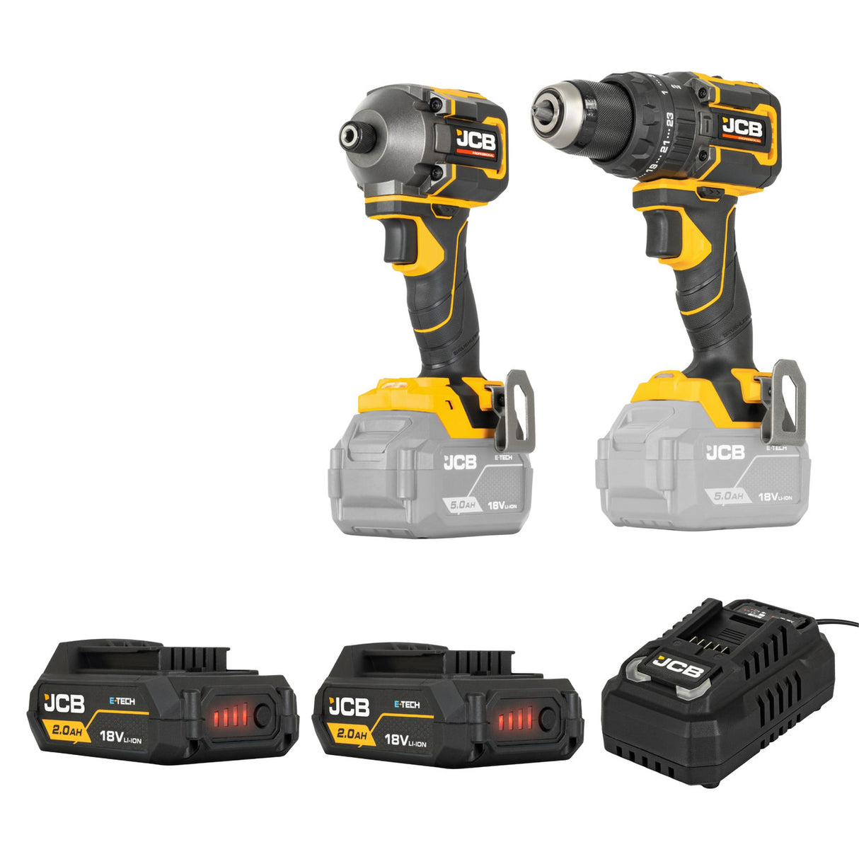 JCB Pro 18v Kit including 75Nm Combi Drill, 230Nm Impact Driver, 2x 2Ah Li-ion Batteries and 4.5A Fast Charger, with Carry Case | JCB-18PKIT-1