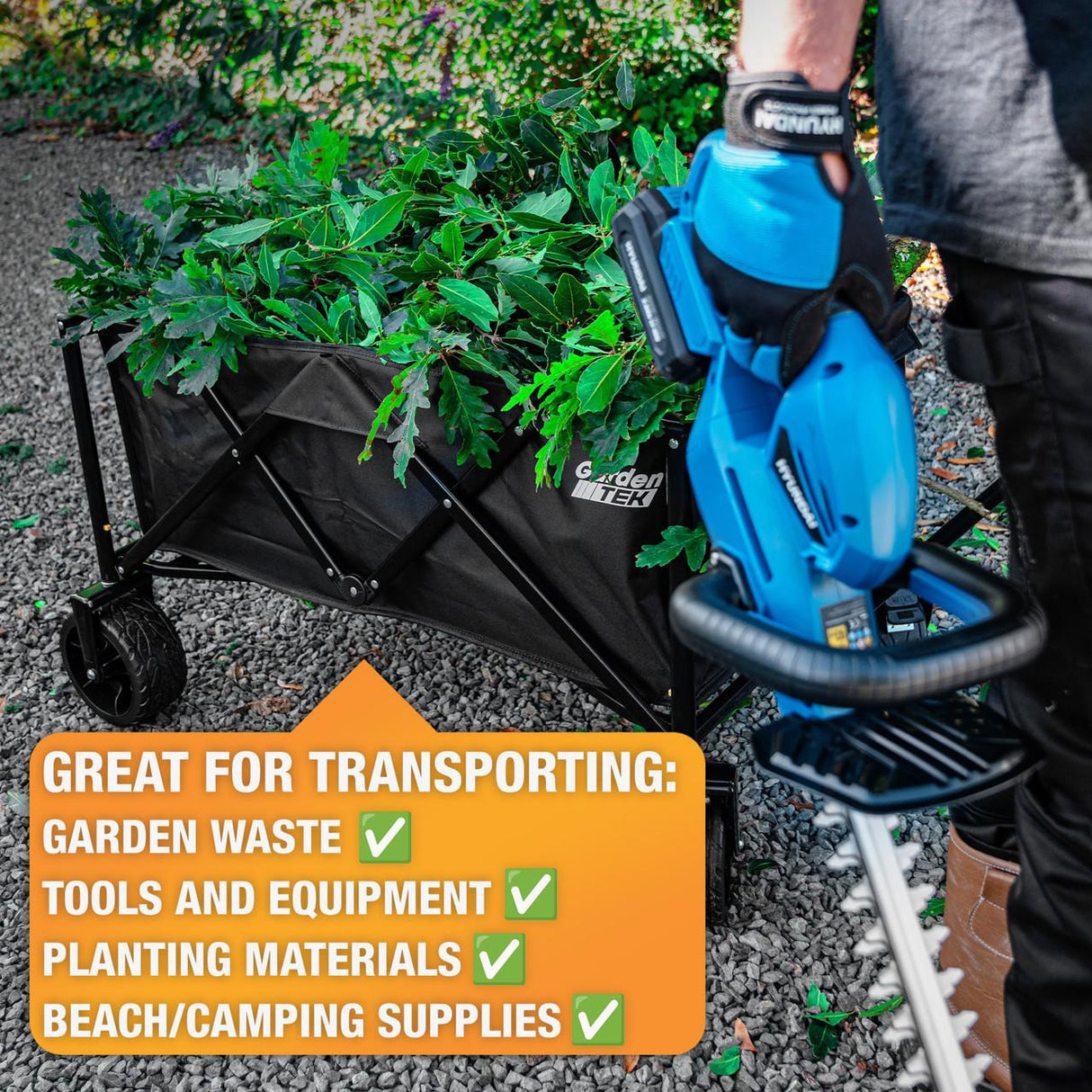Hyundai 14" 35cm Electric Chainsaw 1600W 230V & Garden Trolley on Wheels, 100kg Load with Brakes  | HYC1600E+GTW260