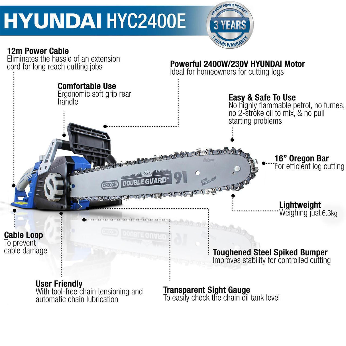 Hyundai 16" 40cm Electric Chainsaw 2400W 230V & Garden Trolley on Wheels, 100kg Load with Brakes | HYC2400E+GTW260