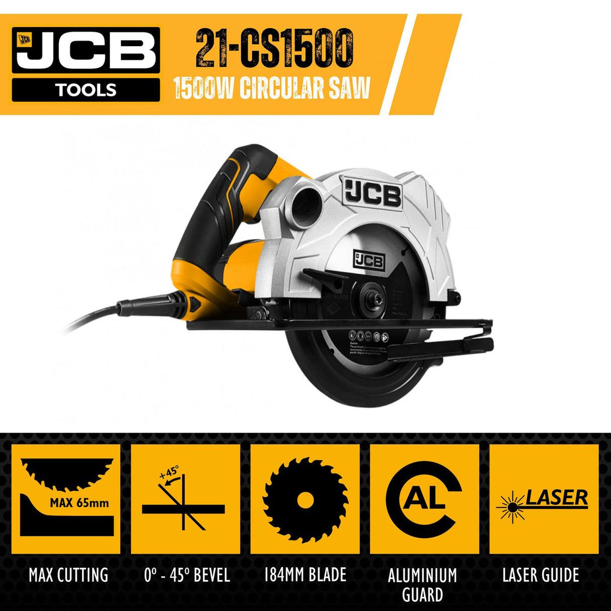 JCB Electric Circular Saw, 184mm Blade Max Cut  65mm, 90-45° Bevel,Corded, 1500W, 230V | 21-CS1500