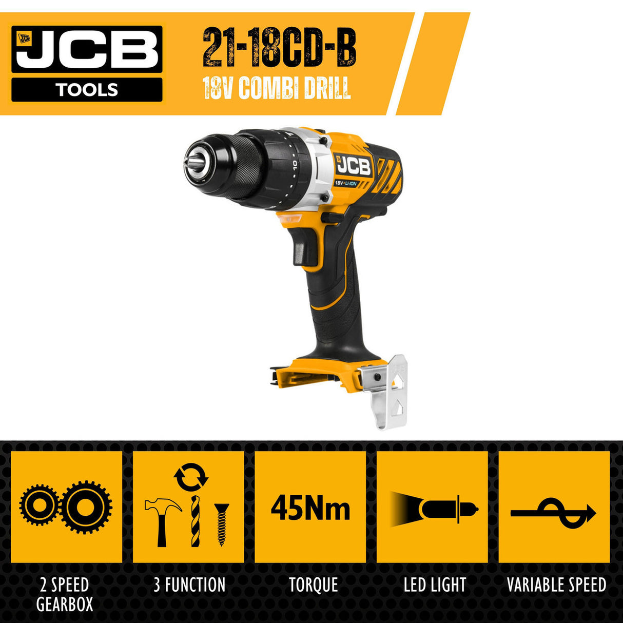 JCB 18V 45Nm Combi Drill, Variable Speed, 2-5Ah Li-ion Battery | 21-18CD-B - Bare Unit + 4.0Ah Battery