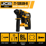 JCB 18V 1.7J Brushless SDS Rotary Compact Hammer Drill, 2-5Ah Li-ion Battery, 4x SDS Bits, Keyless and SDS Plus Chuck | 21-18BLRH-B - Bare Unit