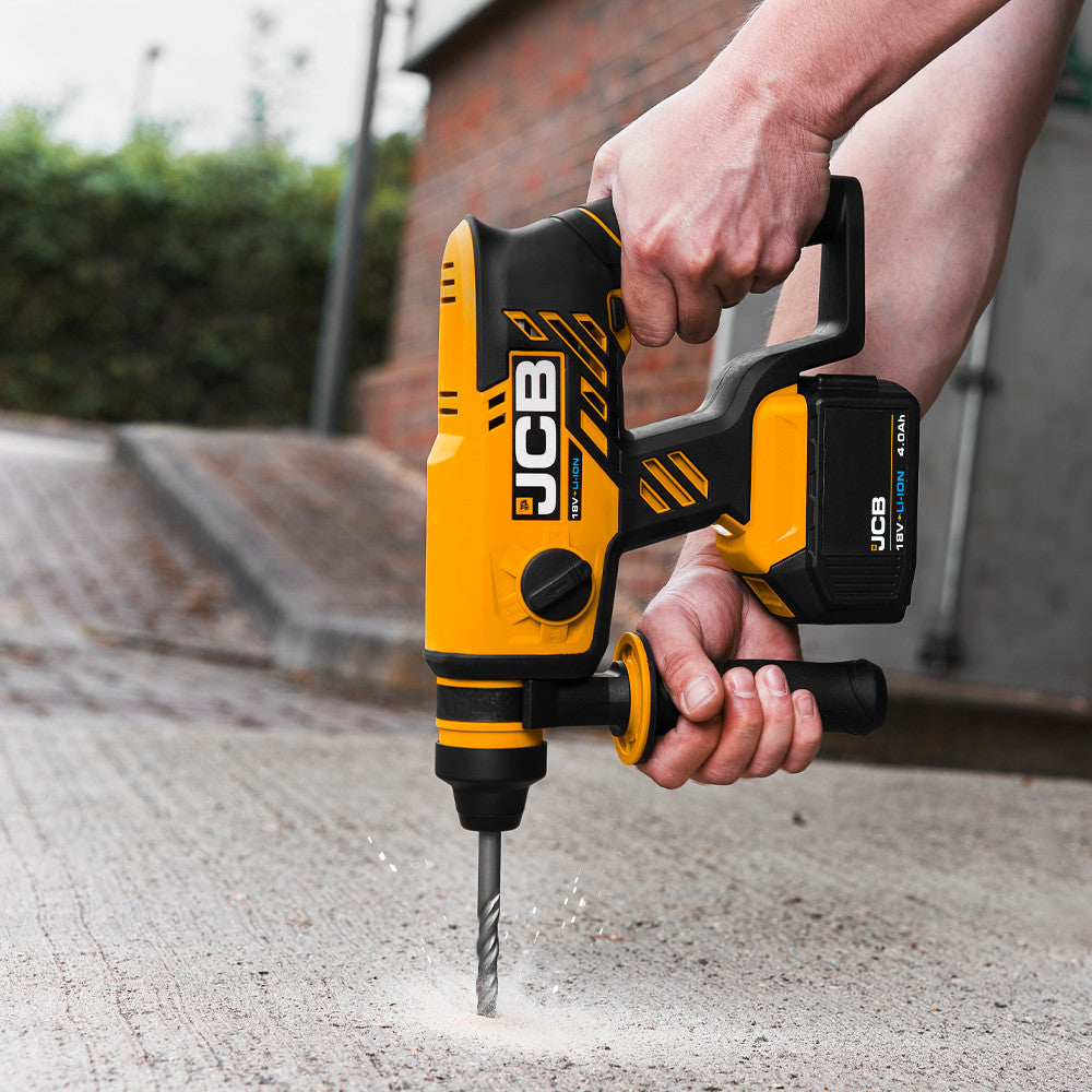 JCB 18V 1.7J Brushless SDS Rotary Compact Hammer Drill, 2-5Ah Li-ion Battery, 4x SDS Bits, Keyless and SDS Plus Chuck | 21-18BLRH-B - Bare Unit + 2.0Ah Battery