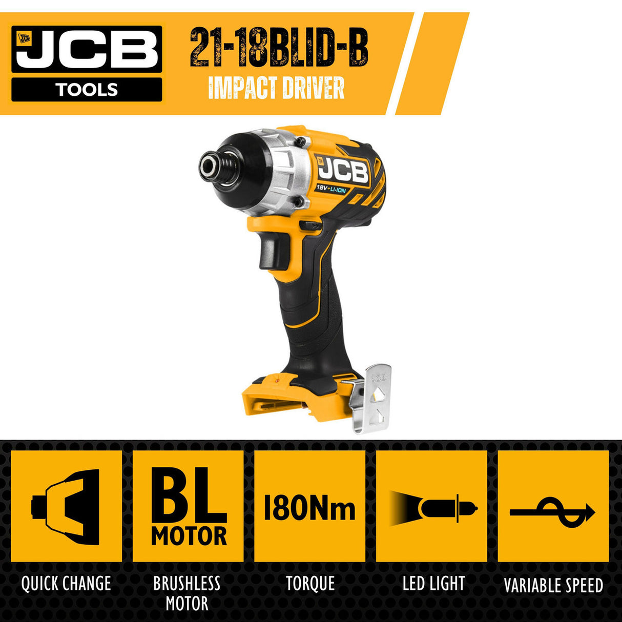 JCB 18V Brushless Impact Driver,180Nm, 2.0Ah-5.0Ah Li-Ion Batteries, 1/4" Hex Quick Release Chuck | 21-18BLID-B - Bare Unit + 4.0Ah Battery