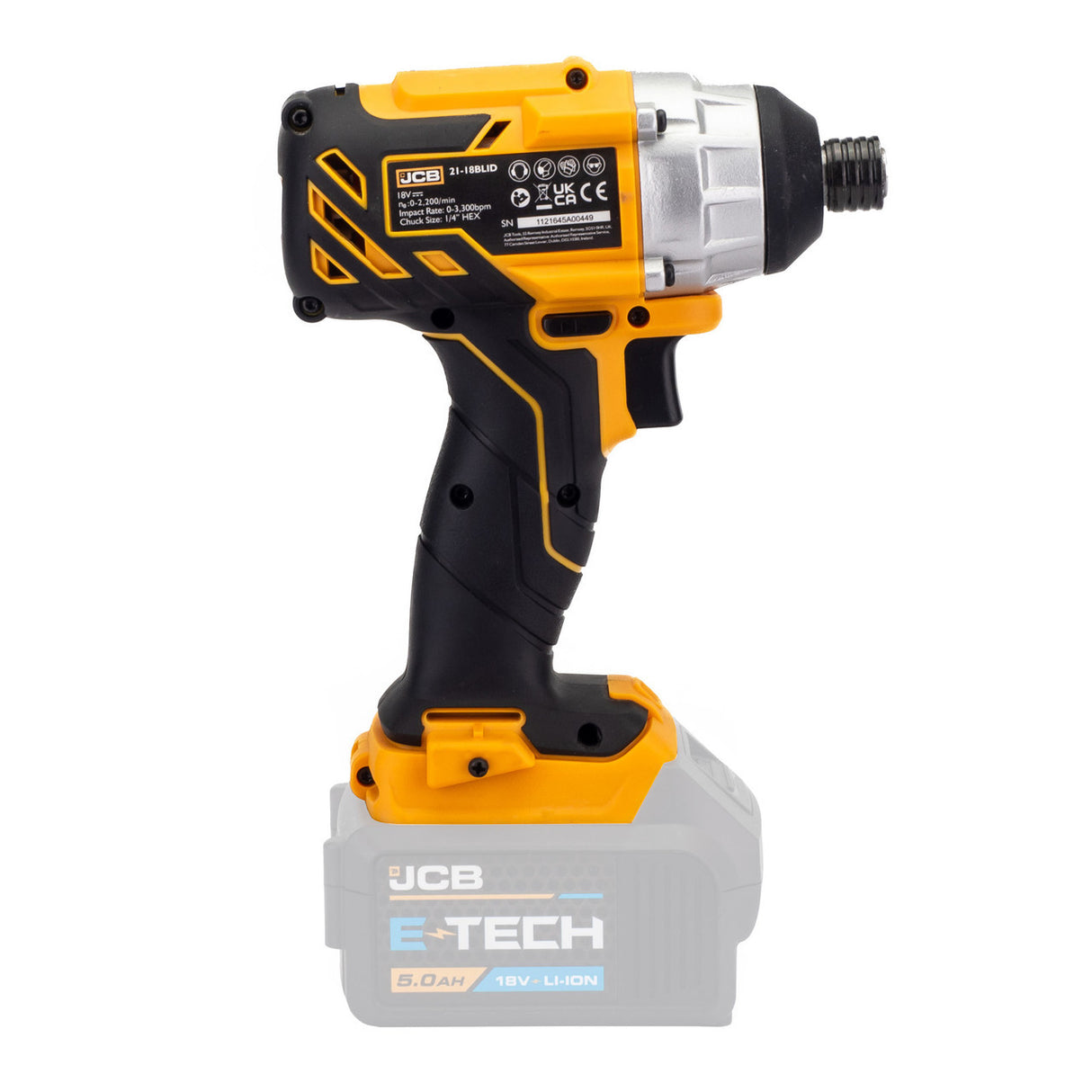 JCB 18V Brushless Impact Driver,180Nm, 2.0Ah-5.0Ah Li-Ion Batteries, 1/4" Hex Quick Release Chuck | 21-18BLID-B - Bare Unit + 4.0Ah Battery