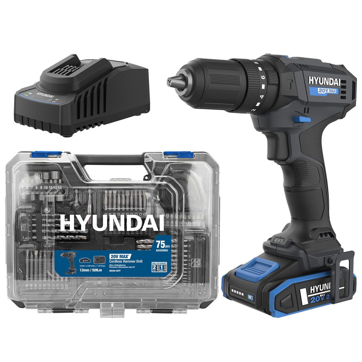 Hyundai 20V 50Nm Cordless Hammer Drill, 2-Speed, 13 mm Chuck LED Light | HD20S-50