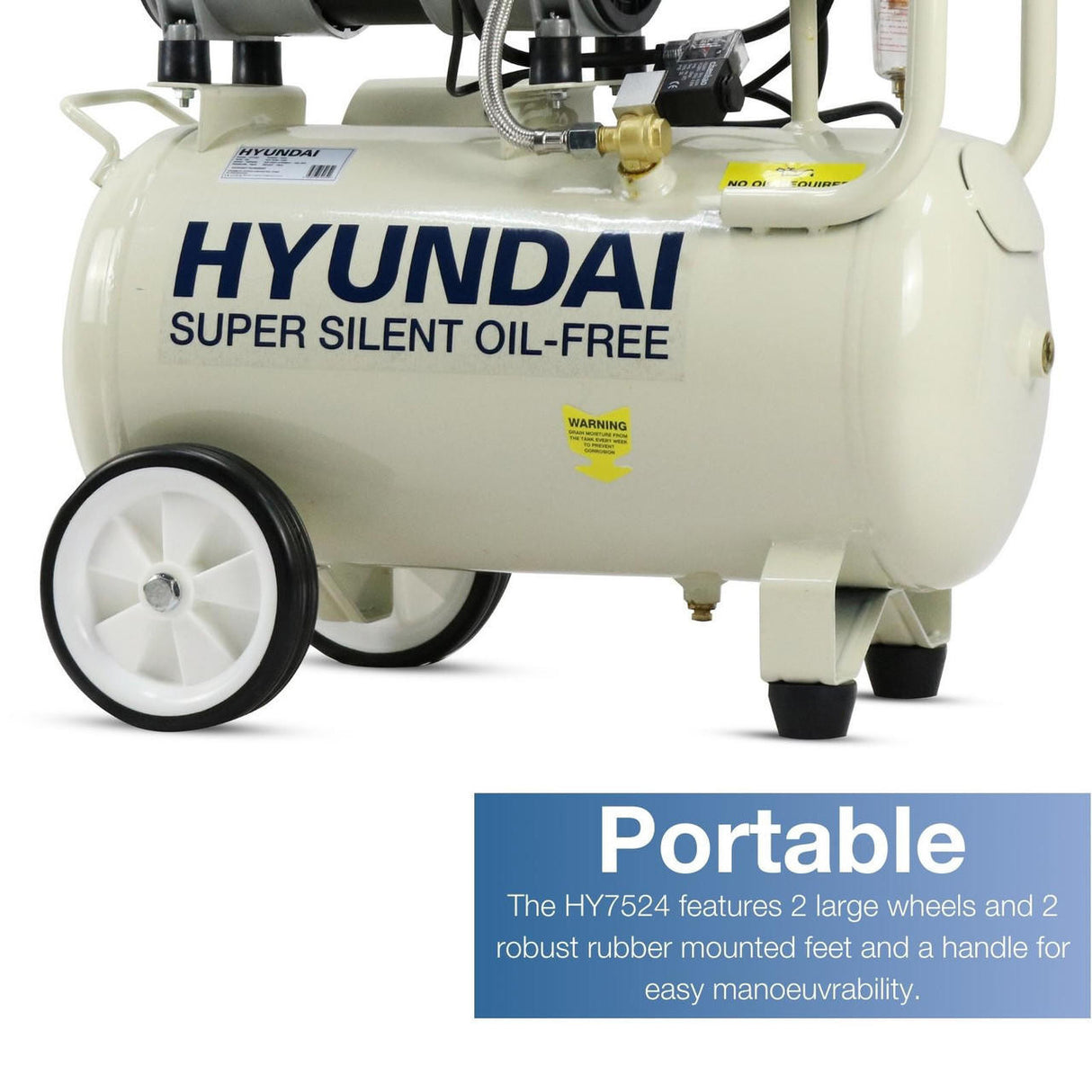 Hyundai 24 Litre Air Compressor, 5.2CFM/100psi, Silenced, Oil Free, Direct Drive 1hp | HY7524