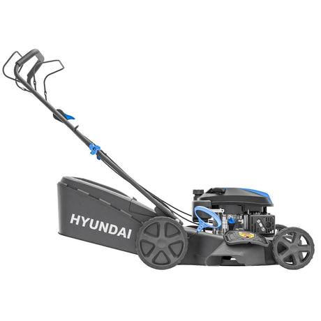 Hyundai 139cc self propelled lawn mower front view with wide cutting deck