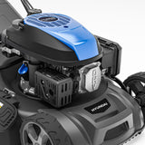 Hyundai 139cc petrol lawn mower front view with wide cutting deck