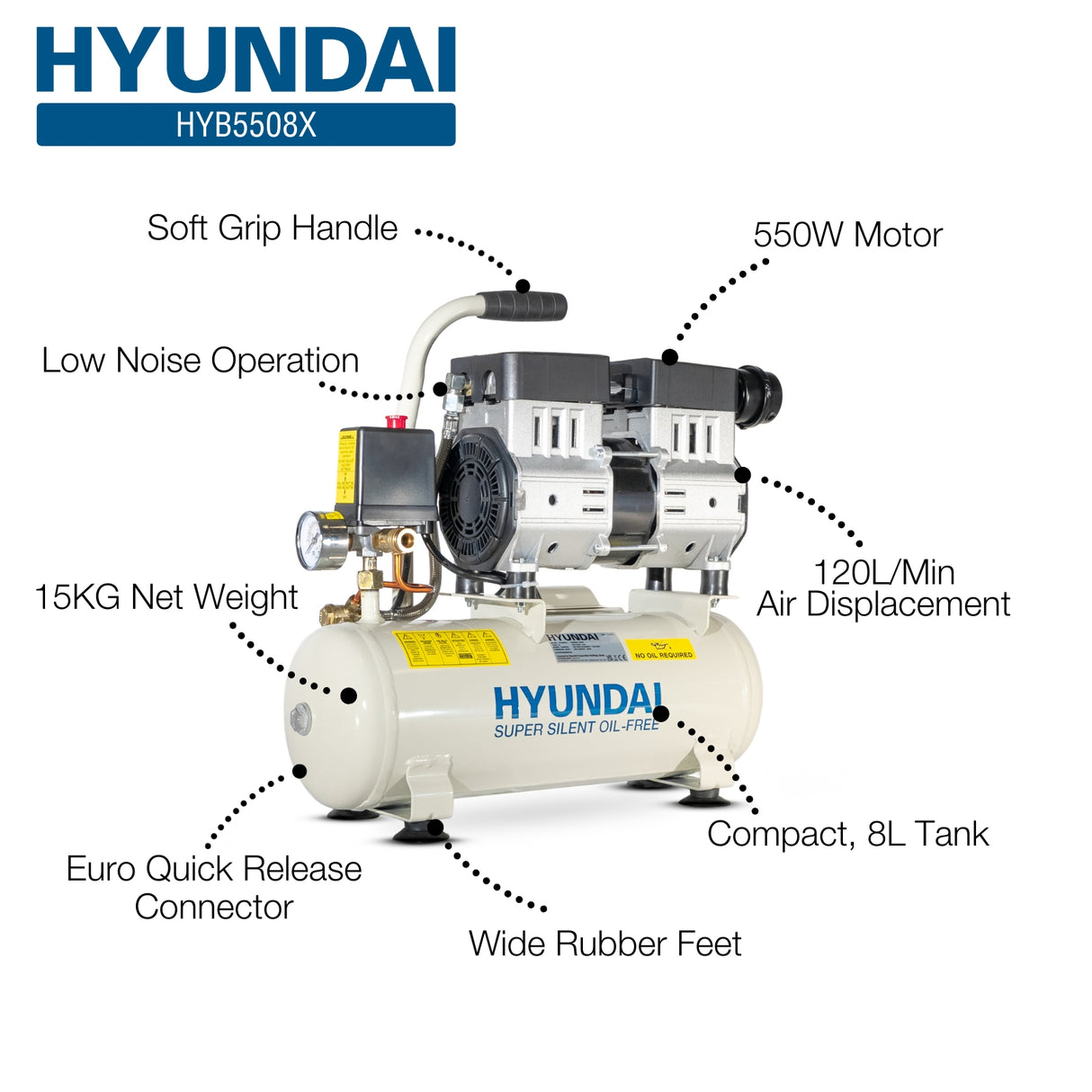 Hyundai 550W 8L Oil Free Low Noise Portable Air Compressor 4CFM 100psi Direct Drive | HY5508X