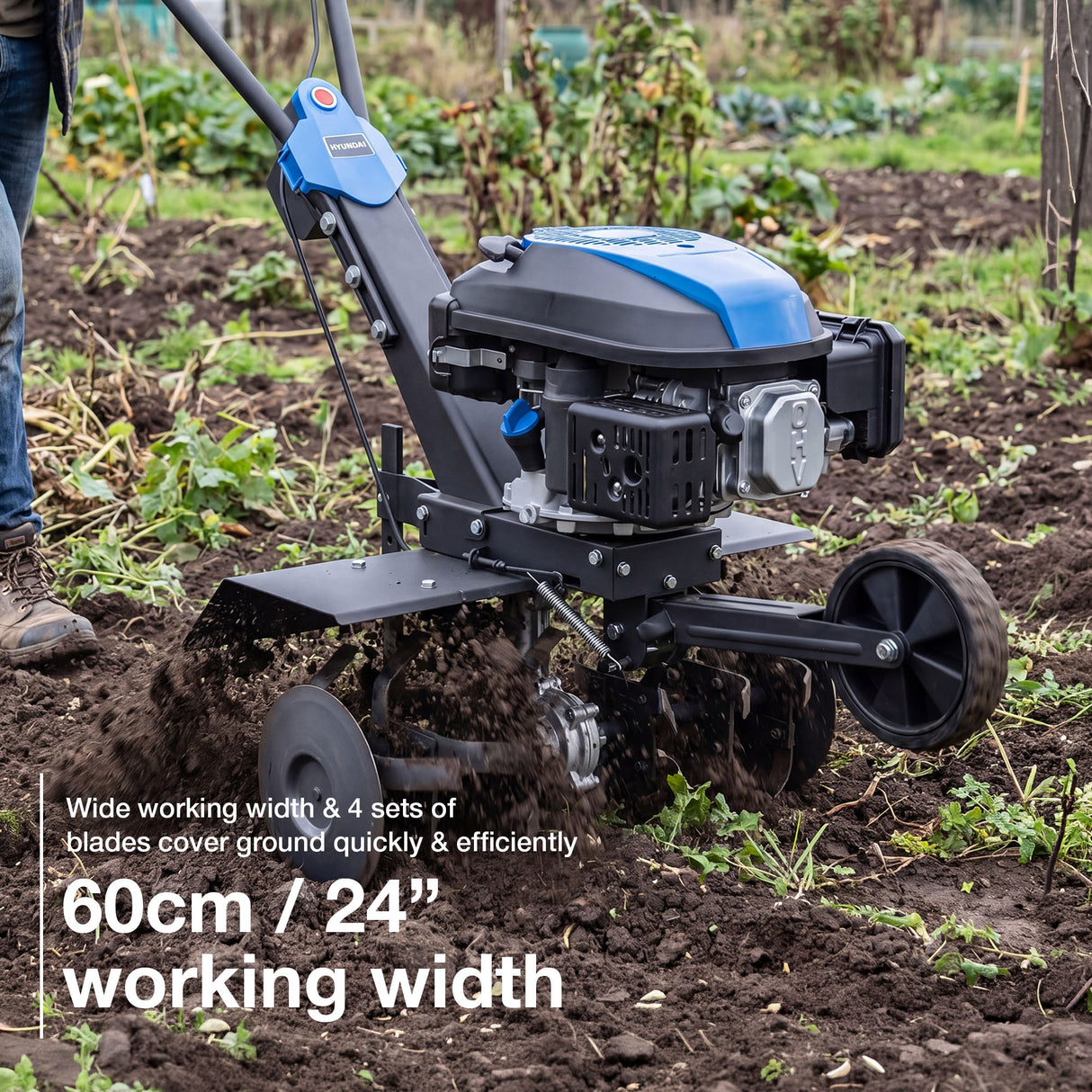 Hyundai 60cm / 24" Petrol Tiller, Electric Start, 173cc, 4 Blade Sets | HYT175EX