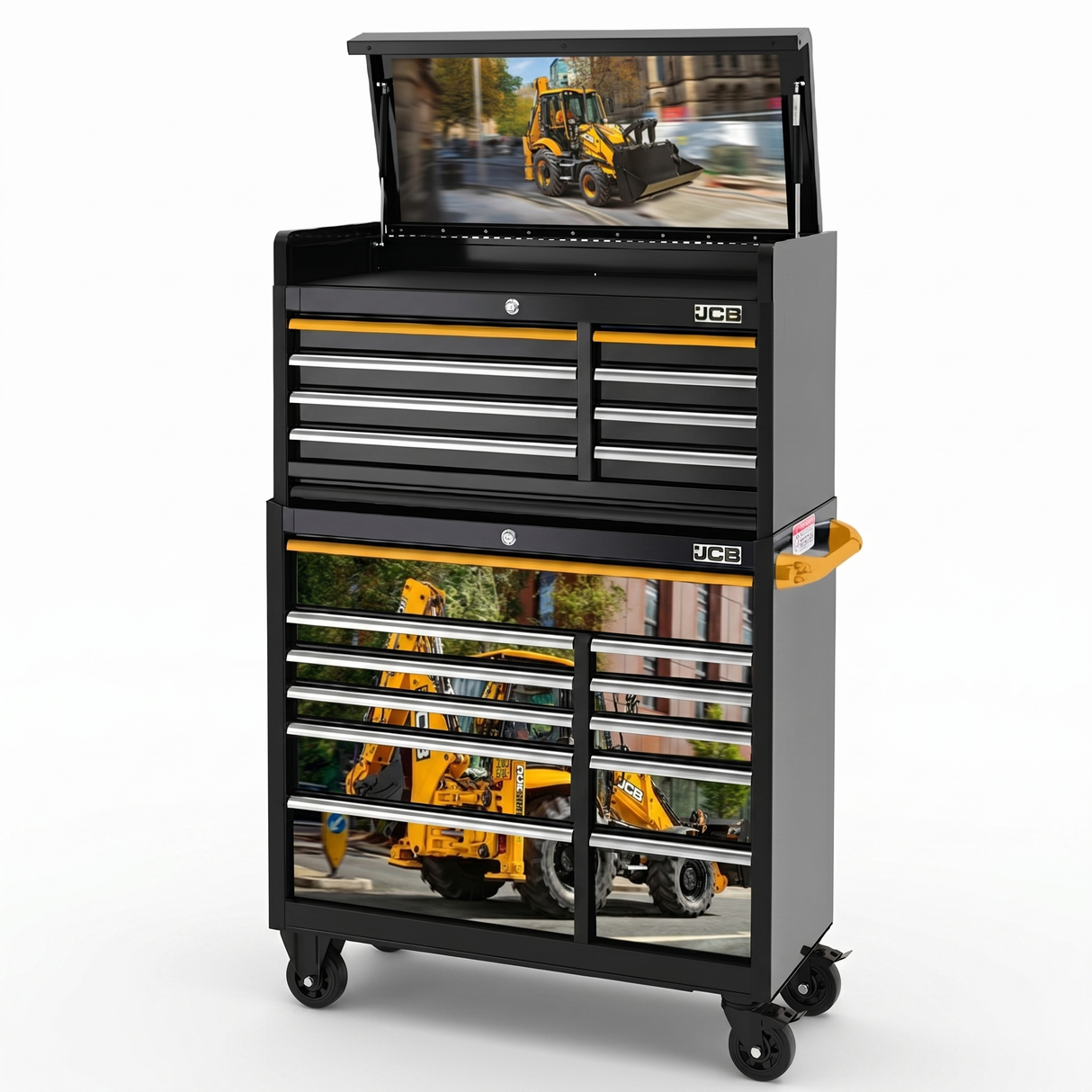 JCB 42’’ Roller Cabinet and Top Tool Chest Stack with Backhoe Loader Wrap | JCBBHLSTACK