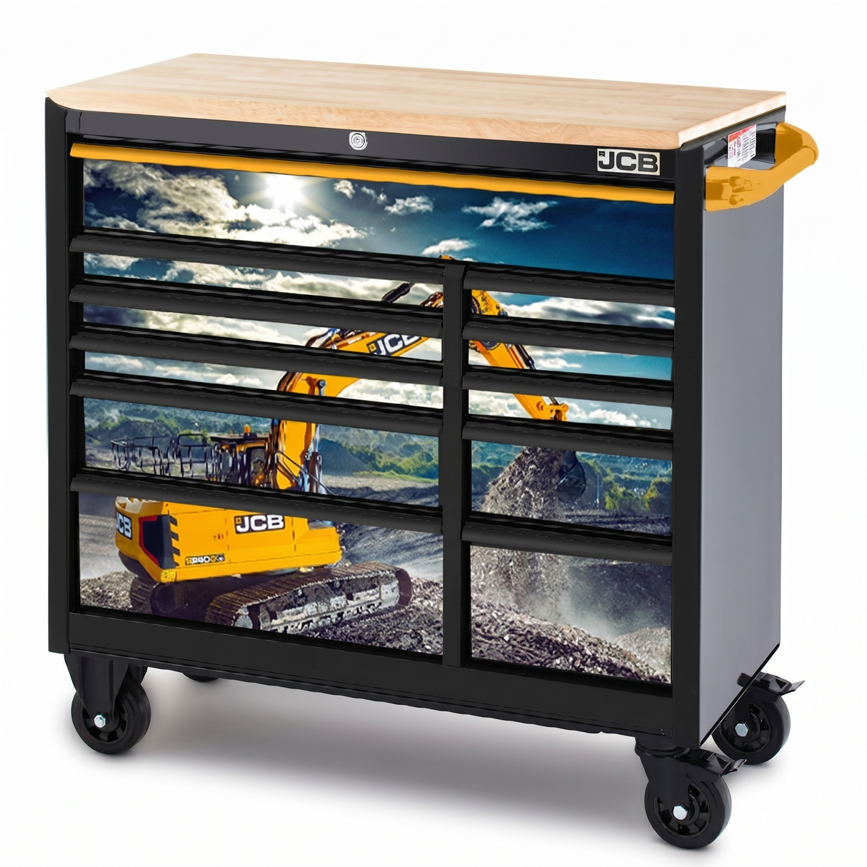 JCB 42’’ Roller Tool Cabinet, 11 Drawers, Steel with Hardwood Worktop and Excavator Wrap | JCBEXCRCBB