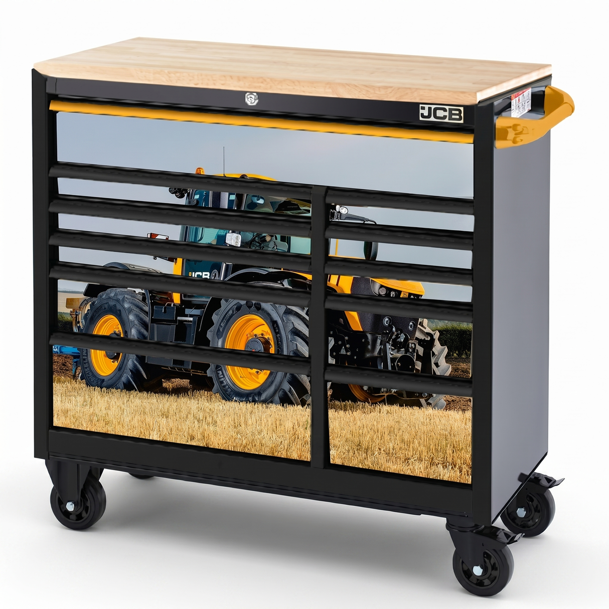JCB 42’’ Roller Tool Cabinet, 11 Drawers, Steel with Hardwood Worktop and Fastrac Tractor Wrap | JCBFSTRCBB