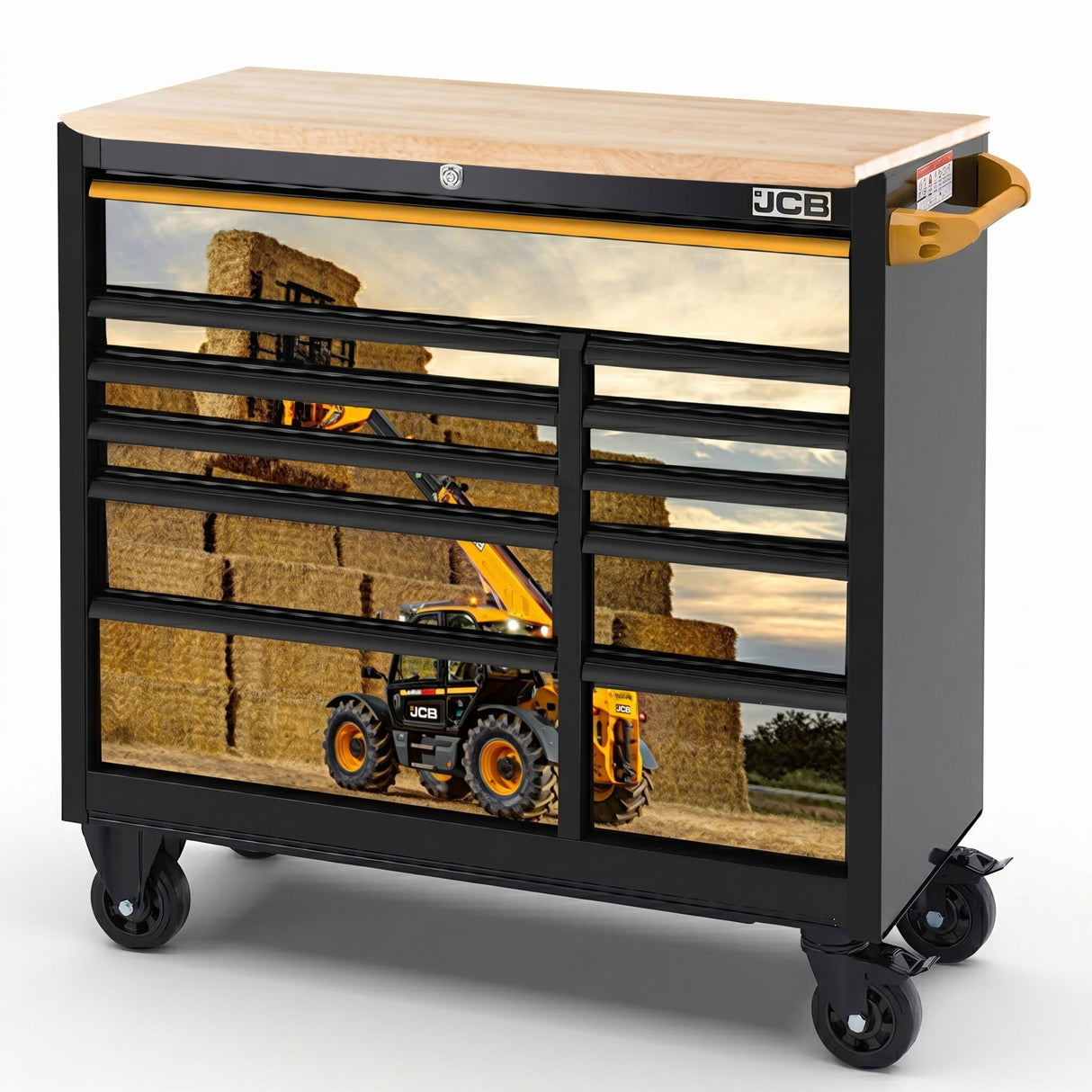 JCB 42’’ Roller Tool Cabinet, 11 Drawers, Steel with Hardwood Worktop and Telehandler Wrap | JCBTLHRCBB