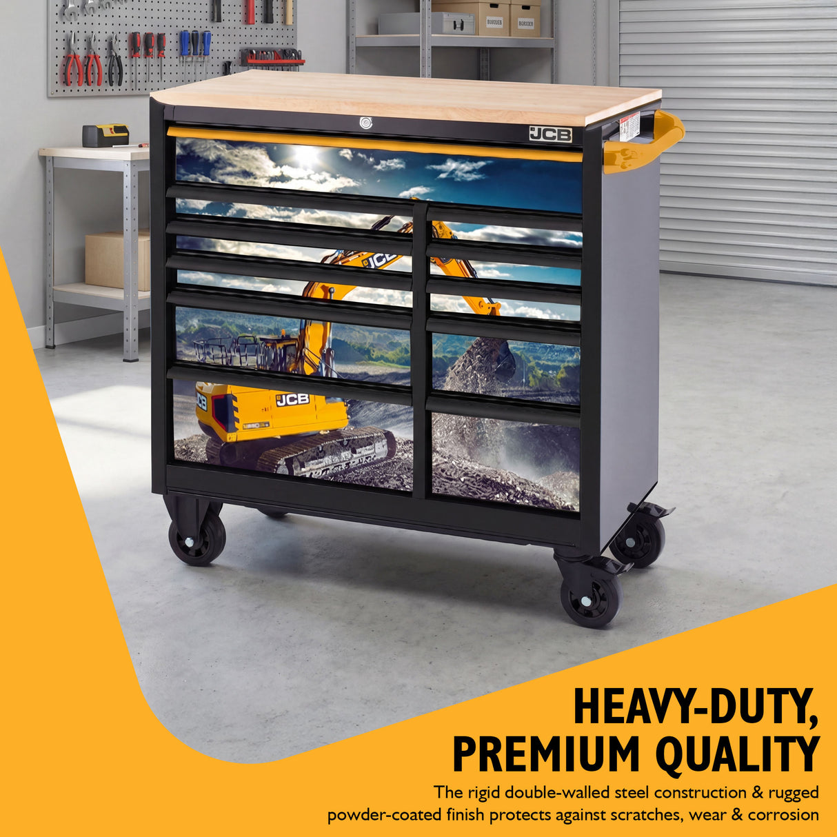 JCB 42’’ Roller Tool Cabinet, 11 Drawers, Steel with Hardwood Worktop and Excavator Wrap | JCBEXCRCBB