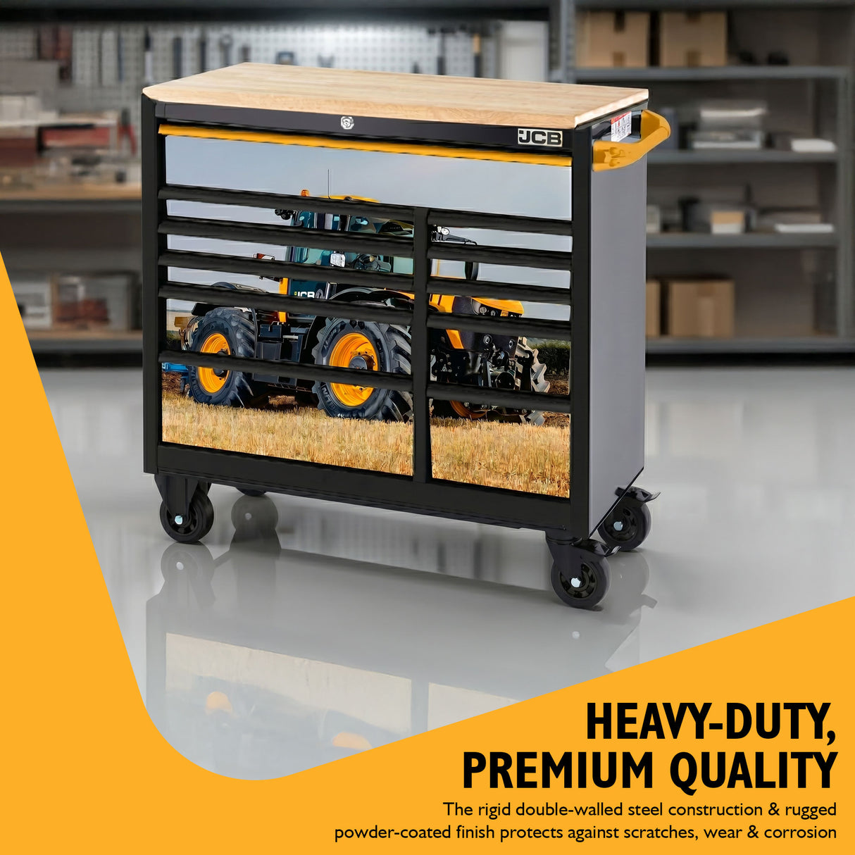 JCB 42’’ Roller Tool Cabinet, 11 Drawers, Steel with Hardwood Worktop and Fastrac Tractor Wrap | JCBFSTRCBB